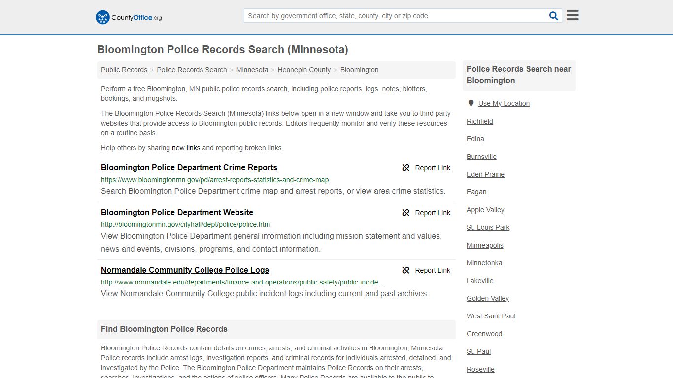 Bloomington Police Records Search (Minnesota) - County Office